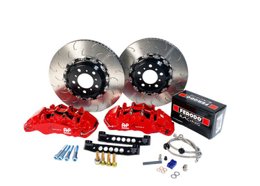 AP Racing brake system components including red calipers, silver rotors, and hardware on a white background.